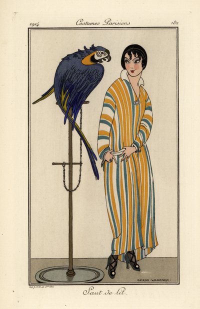 Evde beslenen hayvan papağan ile çizgili gecelik kadın by Gerda Marie Frederike Wegener