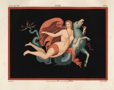 Manto ve bilezikler giymiş bir Nereid (deniz perisi), bir deniz canavarı veya hipokampus üzerinde, yarı at ve yarı balık üzerinde biniyor. Naz Müzesi. XXII, Stabiae. Victor Steeger tarafından Emile Presuhn (1844-1878) Pompeii'nin En Güzel Tablolarından by Geremia Discanno