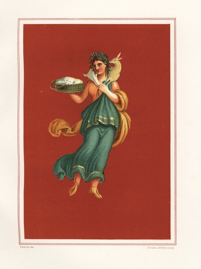Regio IX.V.11 atriumunun batı tarafındaki alegorik Bahar duvar resmi. Elinde bir sepet peynir var ve omuzlarında bir kuzu taşıyor. Emile Presuhn'dan (1844-1878) Geremia Discanno'nun bir çiziminden sonra JG Bach'ın kromolitografisi by Geremia Discanno