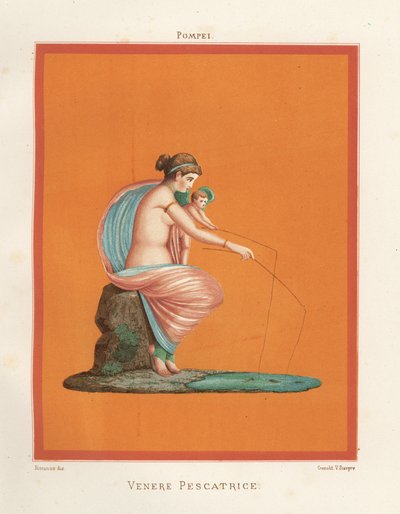 Venüs'ün resmi ve bir göletten oltalarla aşk tanrısı balıkçılığı. Gladyatörlerin Evi Regio VV3'te bulundu. Emile Presuhn'dan (1844-1878) Geremia Discanno'nun bir çiziminden sonra Victor Steeger'in kromolitografisi Pompeii'nin En Güz by Geremia Discanno