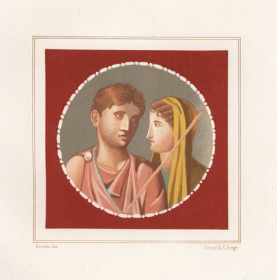 Pompeii'deki kimliği belirsiz bir evden bir erkek ve kadının portresi. Emile Presuhn'dan (1844-1878) Geremia Discanno'nun bir illüstrasyonundan sonra Victor Steeger'in kromolitografisi (Pompeii'nin En Güzel Resimleri, Leipzig) by Geremia Discanno