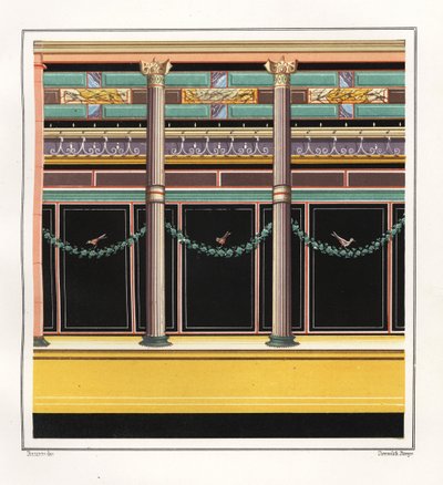 Epigramlar Evi'ndeki bir odadan duvar resmi. V, İnş. 1, No. 18. Emile Presuhn'dan (1844-1878) Geremia Discanno'nun bir çiziminden sonra Victor Steeger'in Chromolithograph'ı. Pompeii'nin En Güzel Tabloları, Leipzig by Geremia Discanno