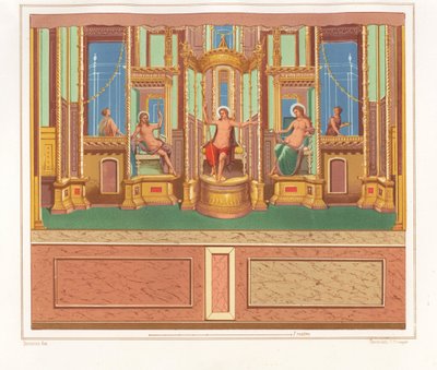Domus M. Herenulli Communis veya Apollo Evi, Reg.'deki bir bahçenin köşesindeki tenha bir oturma alanından Bacchus, Venüs ve Apollon'u gösteren duvar resmi. VI, İns. VII, No. 23. Geremia Discan'ın çiziminden sonra Victor Steeger'in kromolit by Geremia Discanno