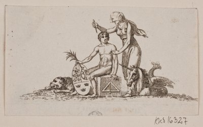 Kadın, oturan genç adam ve tek boynuzlu at ile skeç by Gerhard Ludvig Lahde