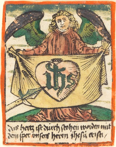 Bir Meleğin Tuttuğu Bez Üzerinde Kutsal Kalpteki Kutsal Monogram by German 15th Century