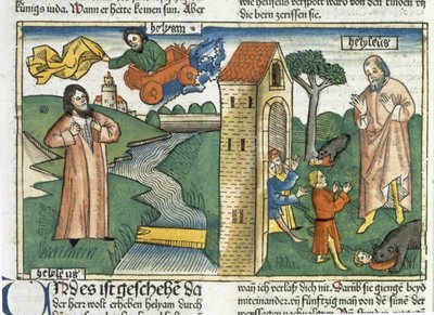 2 Krallar 2 1-24 İlyas bir kasırga içinde Cennete yükselir ve Elisha ile alay eden erkek çocukları, Nürnberg İncilinden (Biblia Sacra Germanaica) (renkli gravür) ayılar tarafından yenir by German School