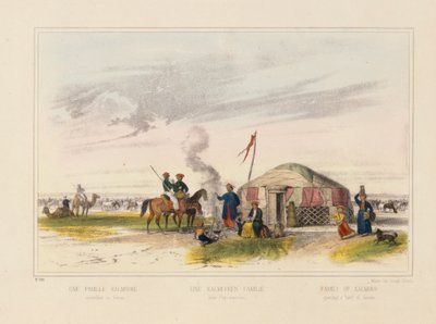 Atları güden bir Kalmyk (Batı Moğol) ailesi, Joseph Scholz tarafından yayınlanan resimli geniş sayfa, Mainz, c.1860 by German School