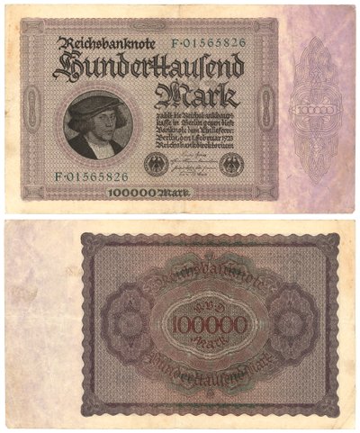 Yüz bin marklık banknot, 1923 (recto ve verso) by German School