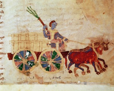 Rabanus Maurus Magnentius (veya Raban Maur veya Rabano Mauro) (yaklaşık 780-856) tarafından yazılan “” De Universo” (veya De rerum naturis (Nesnelerin Doğasına Dair)) (kod. 132) el yazmasından minyatür bir arabada bir köylü ). 9. yüzyıl. Monte Cassino Mana by German School