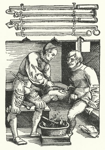 Bir askerin bacak yarasını dağlayan bir cerrah (gravür) by German School