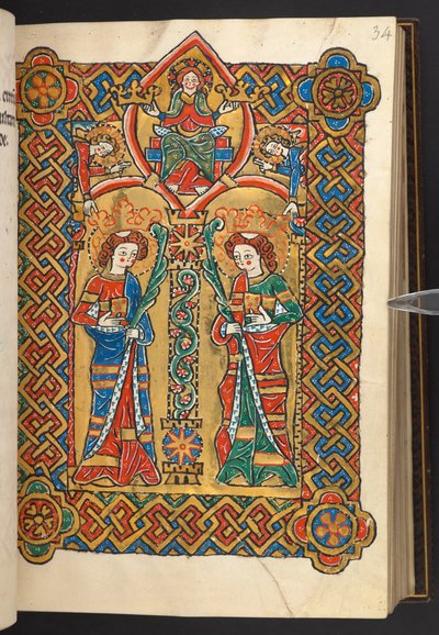 Ekle. 60629, f.34 Mesih ve melekler iki manastır azizi (parşömen) taçlandırır by German School