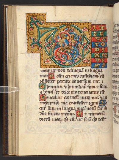 Ekle. 60629, f.43v Yapraklı ve bazen zoomorfik ve antropomorfik süslemeli (parşömen) altın ve renklerde büyük çerçeveli baş harfler by German School