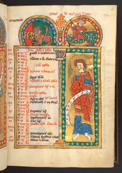 Ekle. 60629, f.4 Temmuz. Altın ve renkli 12 takvim sayfası, her biri Zodyak işareti, havari ve ayın emeğini içeren mimari çerçeveli.  Zebur. rahibelerin kullanımı için bir takvim, ilahiler ve litaniler ile ışıklı mezmur, . by German School