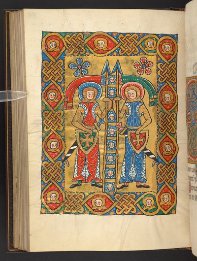 Ekle. 60629, f.84v Diğerlerinin başlarıyla birlikte iki askeri aziz (parşömen) by German School