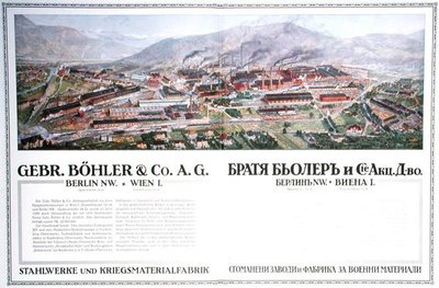 Avusturyalı Gebr.Boehler & Co şirketinin çelik fabrikası ve silah fabrikasının reklamı, bir Bulgar almanakından, c.1916 (renkli taş) by German School