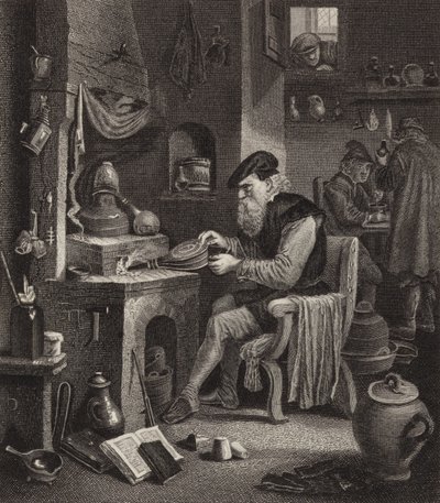 Simyacı iş başında. Bilder-Atlas için İllüstrasyon (gravür) by German School