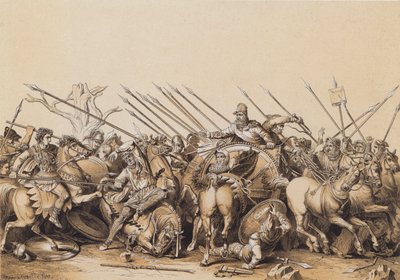 Büyük İskender ve ordusu savaşta (renkli taş baskı) by German School