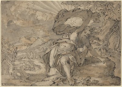 Manzara İçinde Alegorik Kadın Figürü [recto], c.1600 (kalem ve mürekkeple çizim) by German School
