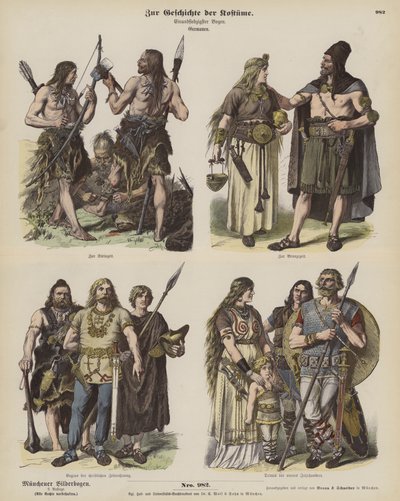 Antik Germen kostümleri (renkli gravür) by German School