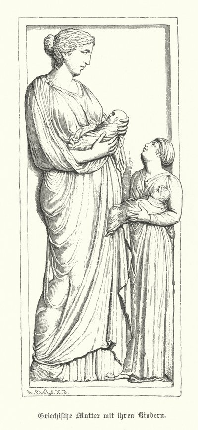 Çocukları ile antik Yunan anne (gravür) by German School
