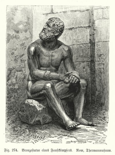 Oturan bir boksörün antik Yunan veya Roma bronz heykeli (gravür) by German School