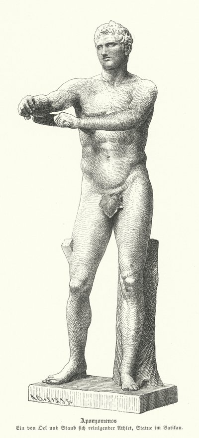 Apoxyomenos, bir strigil ile vücudundaki teri ve tozu kazıyan bir atlet heykeli (gravür) by German School