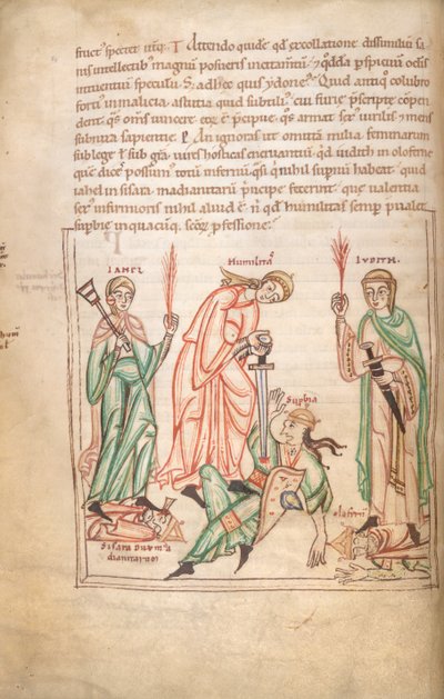 Arundel 44 f.34v, Alçakgönüllülüğün Zaferi (parşömen) by German School