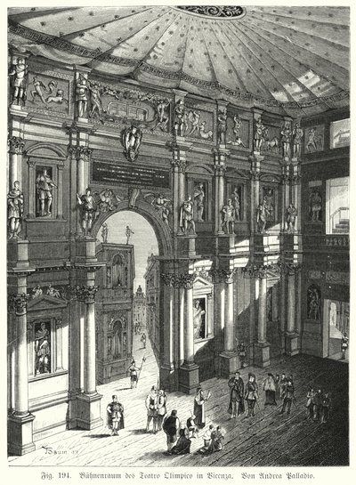 Andrea Palladio (gravür) tarafından tasarlanan Teatro Olimpico, Piacenza, İtalya