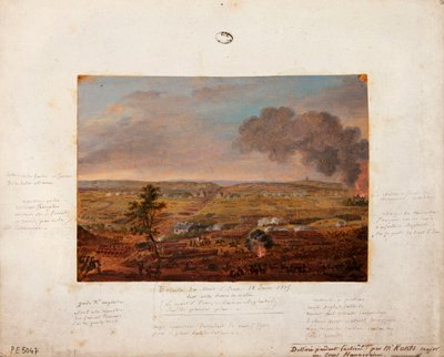 Mont-Saint-Jean Muharebesi, eylem sırasında Hanover birliğinden Binbaşı Kunts tarafından çizilmiş ve boyanmış, 18 Haziran 1815 (karton üzerine kurşun kalem ve guaj boyası) by German School