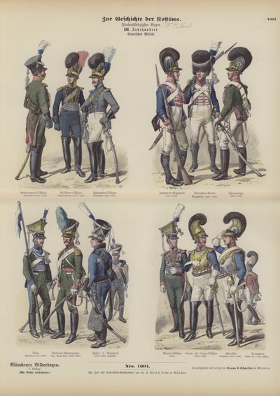 Bavyera askeri üniformaları, 19. yüzyılın başlarında (renkli gravür) by German School