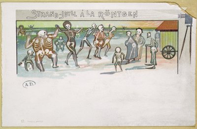 Röntgen tarzında plaj pastoral, X-ışınları hakkında çizgi film, c.1896-99 (renkli gravür) by German School