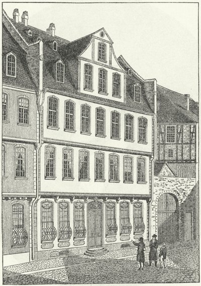 Alman yazar ve devlet adamının doğum yeri, Johann Wolfgang von Goethe, Frankfurt, Almanya (gravür) by German School