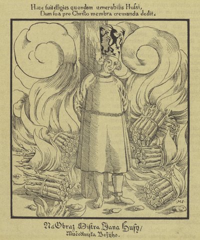 Bohemyalı Hıristiyan reformcu Jan Hus direğe bağlı olarak yakılıyor, Constance, 6 Temmuz 1415 by German School