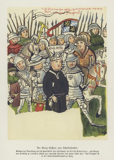Bohemyalı Hıristiyan reformcu Jan Hus idamına götürülüyor, Constance, 6 Temmuz 1415 (renkli taş) by German School