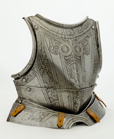 Modern süslemeli göğüs zırhı, c.1550 (kazınmış çelik, yaldız izleri ve modern deri) by German School