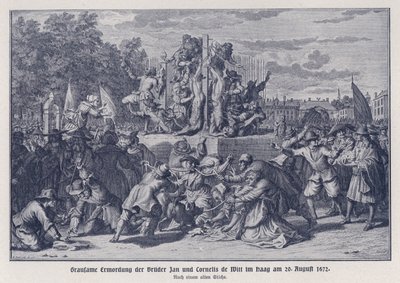 Jan ve Cornelis de Witt kardeşlerin Turuncu bir çete tarafından vahşice öldürülmesi, Lahey, Hollanda, 20 Ağustos 1672 (lito) by German School