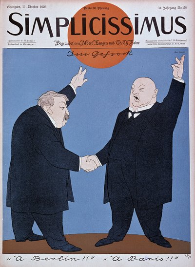 Fransız-Alman yakınlaşması üzerine karikatür: Briand ve Stresemann - 11/10/1926 tarihli “” Simplicissimus”ta (gravür) by German School