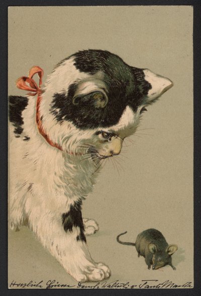 Fare ile oynayan kedi (renkli taş baskı) by German School