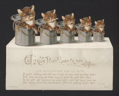Kovalardaki kediler, yılbaşı tebrik kartı (chromolitho) by German School