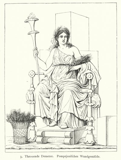 Ceres, Roma hasat tanrıçası, tahtta, Pompeii'den duvar resmi (gravür) by German School
