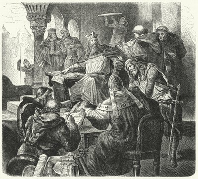 Bilim adamları ve din adamlarıyla Charlemagne danışmanlığı (gravür) by German School