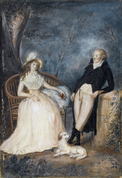 Charlotte von Stein (1742-1827) ve Johann Wolfgang von Goethe (1749-1832) konuşmada - Alman usta - 18. yüzyılın ikinci yarısı. - Karton üzerine suluboya - Özel Koleksiyon by German School