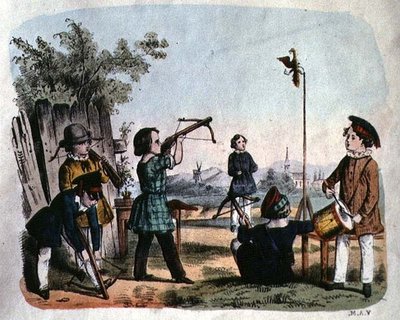Arquebuse ile hedefe ateş eden çocuklar, c.1860 (renkli gravür) by German School
