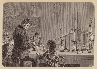 Bilimsel bir deneyi izleyen çocuklar (gravür) by German School