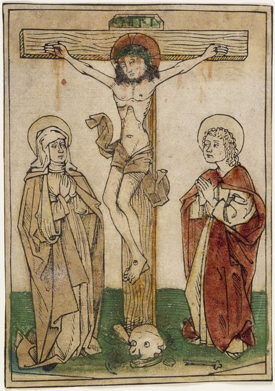 Meryem ve Aziz John ile Haç Üzerinde İsa, c.1470-80 (parşömen üzerine elle boyanmış gravür) by German School
