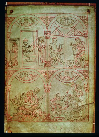 Codex 507 fol.2r Weaver, Shoemaker, Fishermen and Hunter, Renner Musterbuch'dan, c.1208-18 by German School