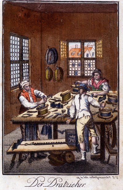 Craft craft: atölyesinde altın atıcı (sedye veya gümüş avans). Johan Peter Vue tarafından "Gençler için sanat ve zanaat ve atölye çalışmalarının kapsamlı açıklaması"nda. Ed. Nürnberg, Weigel ve Schneider by German School