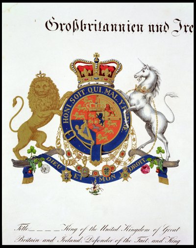 Büyük Britanya ve İrlanda Birleşik Krallığı Kralının Arması, İnancın Savunucusu ve Hanover Kralı (c.1801-37) (ayrıca bkz. 111318) by German School