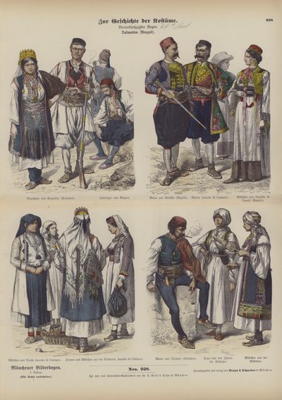 19. yüzyılın sonlarında Dalmaçyalı kostümler (renkli gravür) by German School