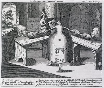 İki burunlu bir demir adamda nitrik asidin (Aqua fortis veya ayırma asidi) damıtılması by German School